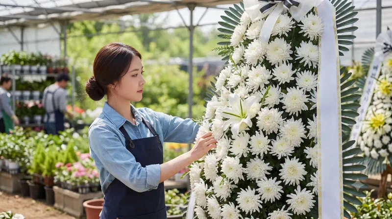 근조화환을 준비하는 꽃이랑 작업 현장